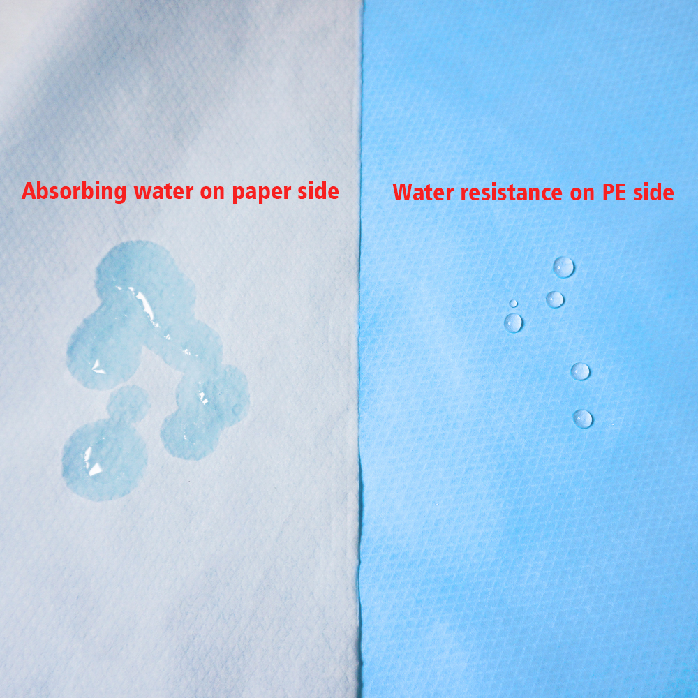 FUMO Disposable Bed Sheet for Patient is super absorbing water on paper side, water resistance on PE side
