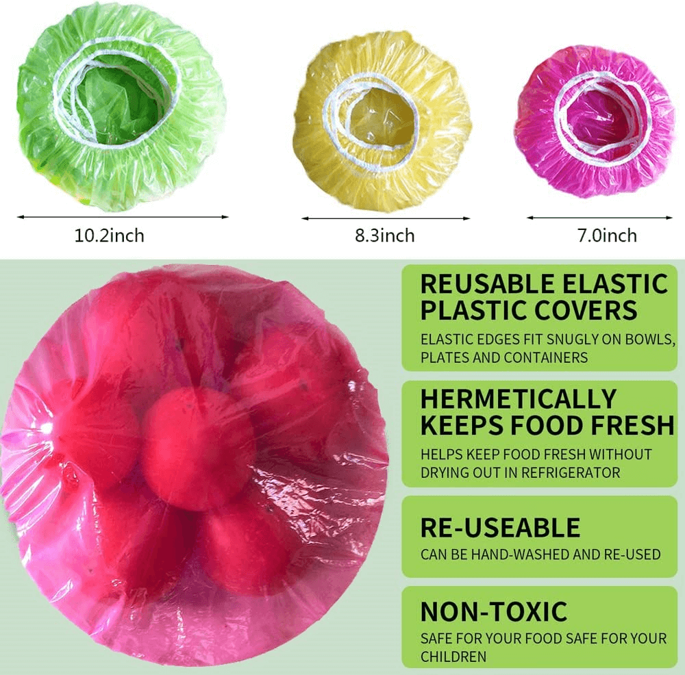 elastic food covers' size 10.2inch, 8.3inch, 7.0inch and features: reusable elastic plastic covers, hermetically keeps food fresh, re-useable, non-toxic,
