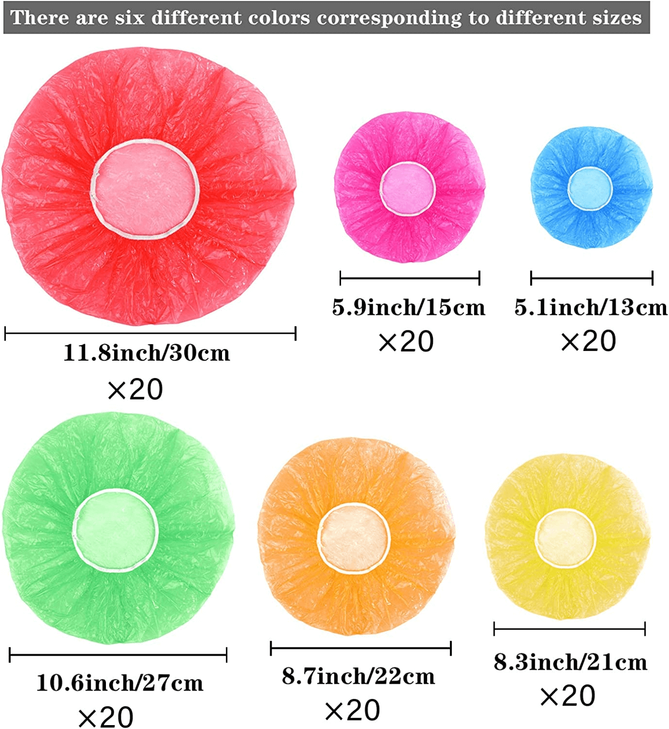 there are six different colors corresponding to different sizes, 11.8inch/30cm, 5.9inch/15cm, 5.1inch/13cm, 10.6inch/27cm,8.7inch/22cm, 8.3inch/21cm