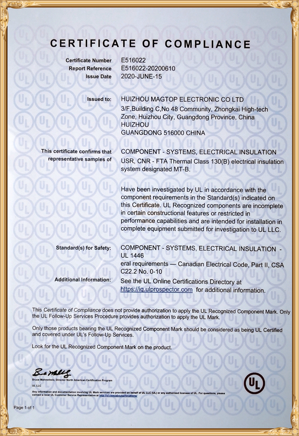UL Certification E516022_MT-B