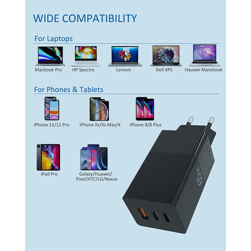 USB A+2 Type C ports charger portable traveling Gan 65W charger for phone and laptop with 2 years warranty