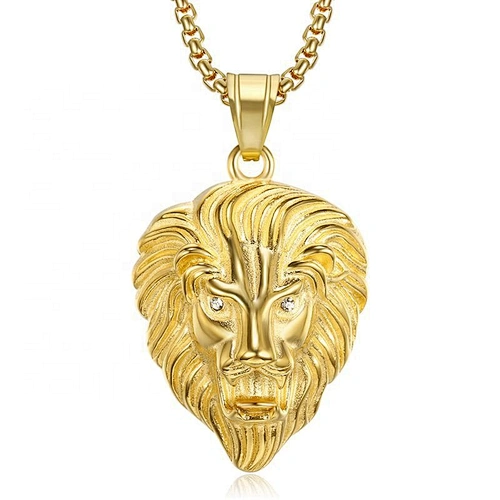 Gran oferta europea, joyería Punk Hips Hops para hombre, collar con colgante de cabeza de león de acero inoxidable 316L en tono dorado de 18 quilates para hombre