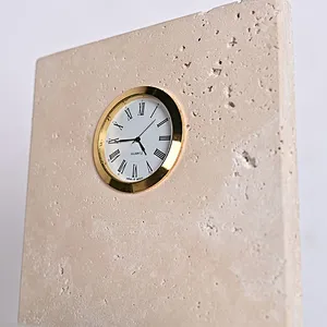 Olivia Globe Opal Glass Travertine Stone Bedside Table Lamp With Quartz Clock For Bedroom LivingRoom