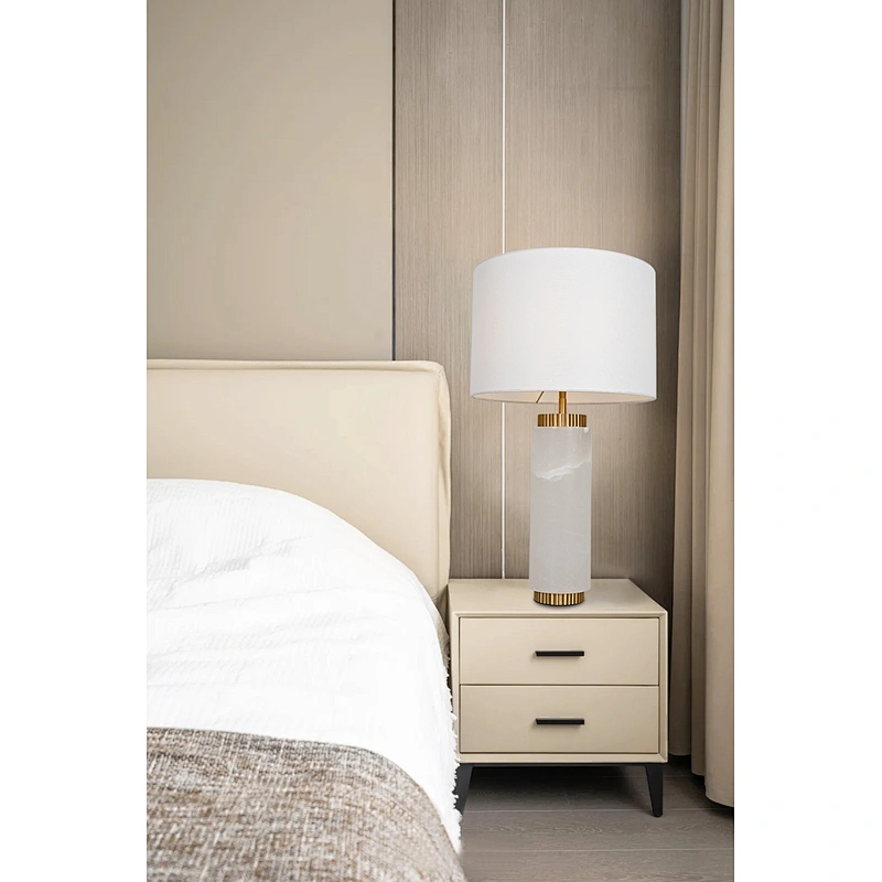 Antique Brass Solid Alabaster Column Bedside Table Lamp For Living Room