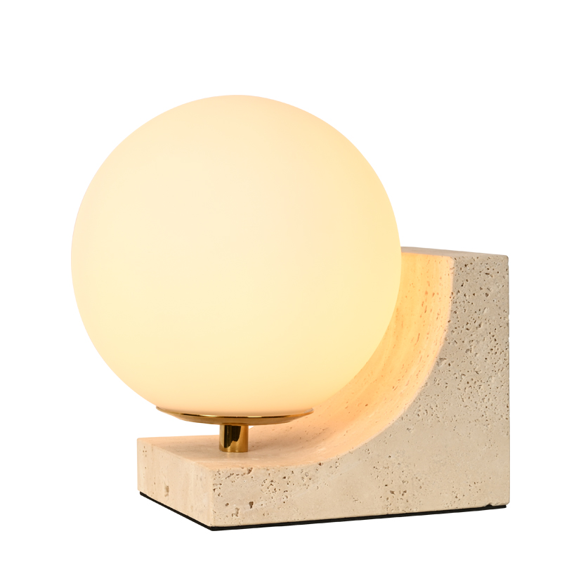 Nordic Modern Globe Opal Glass Night Lamp Travertine Stone Table Lamp