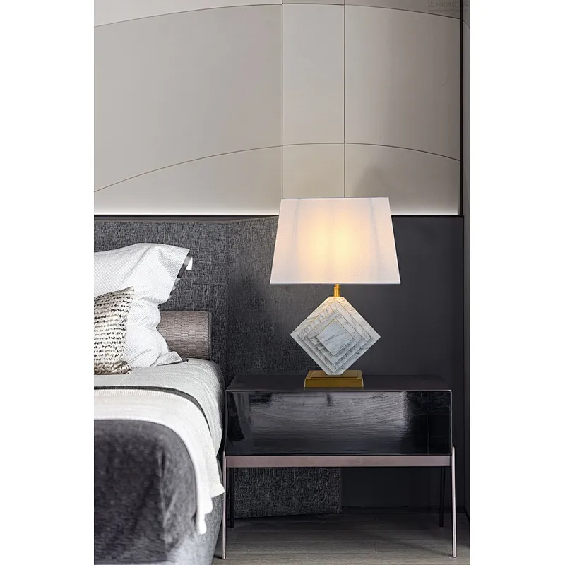Stereo White Marble Brass Base Bedside Table Lamp With Linen Lampshade
