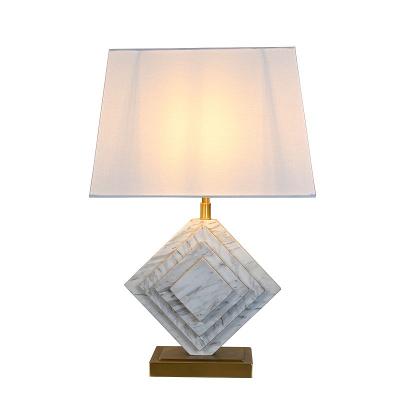 Stereo White Marble Brass Base Bedside Table Lamp With Linen Lampshade