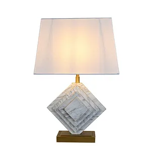 Stereo White Marble Brass Base Bedside Table Lamp With Linen Lampshade