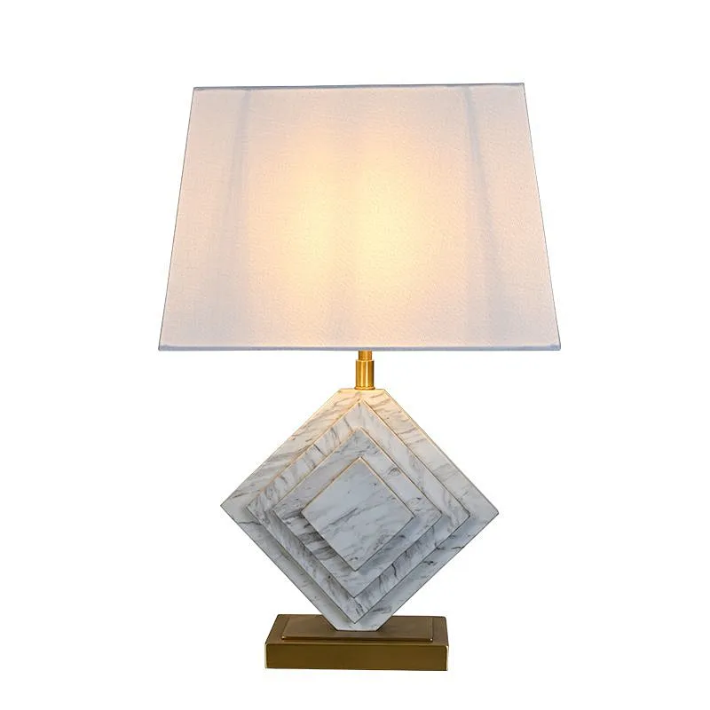 Stereo White Marble Brass Base Bedside Table Lamp With Linen Lampshade