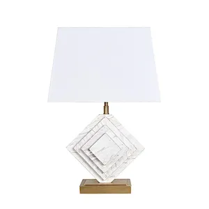 Stereo White Marble Brass Base Bedside Table Lamp With Linen Lampshade