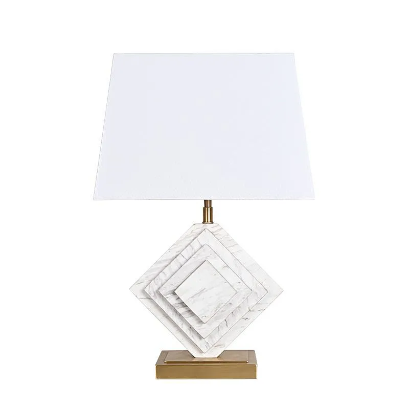 Stereo White Marble Brass Base Bedside Table Lamp With Linen Lampshade
