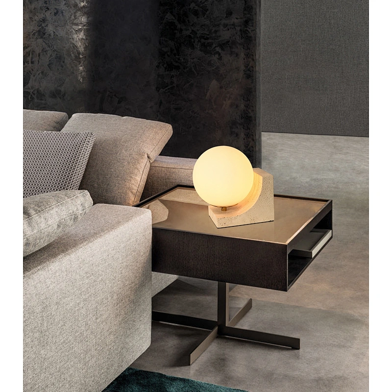 Nordic Modern Globe Opal Glass Night Lamp Travertine Stone Table Lamp