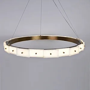 Antique brass finish LED light source layered alabaster decorative ring pendant light for restaurant and living room
