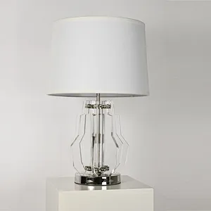 Modern style geometry crystal glass bedside table lamp with linen lampshade for living room bedroom