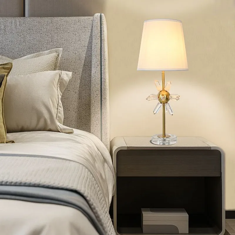 Modern style sunlight natural crystal fabric lampshade bedside table lamp for living room bedroom