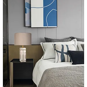 Luxury hand carved square solid crystal glass fabric shade table lamp for living room bedroom