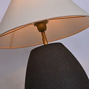 Wabi-Sabi handmade pottery black iron retro table lamp with fabric lampshade