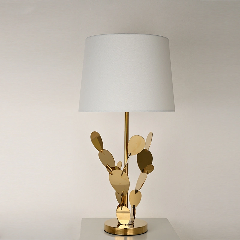 Modern style cactus stainless steel fabric lampshade bedside table lamp for living room bedroom