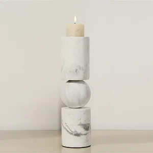 Tabletop white cylindrical marble candlestick set home decor
