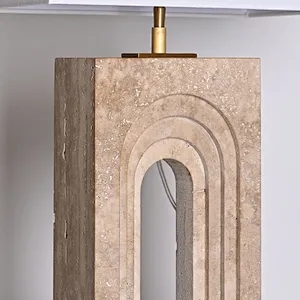 Arched door natural travertine stone desk table lamp with fabric lampshade for living room bedroom
