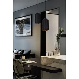 Luxury carved square column natural black travertine stone pendant light