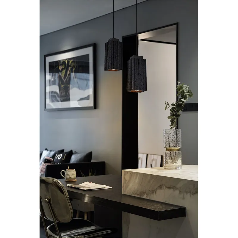 Luxury carved square column natural black travertine stone pendant light