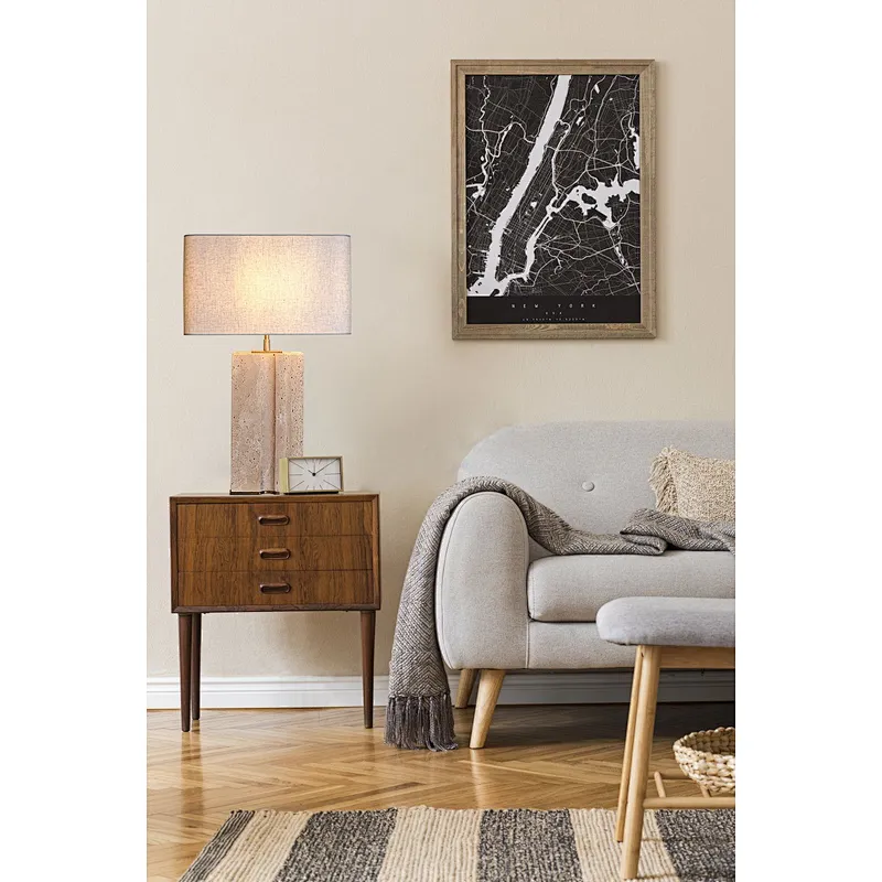 Rectangular geometry groove natural travertine stone desk table lamp with fabric lampshade for living room bedroom