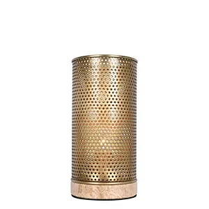 Simple antique brass hollow out metal cylinder travertine stone base table lamp for living room