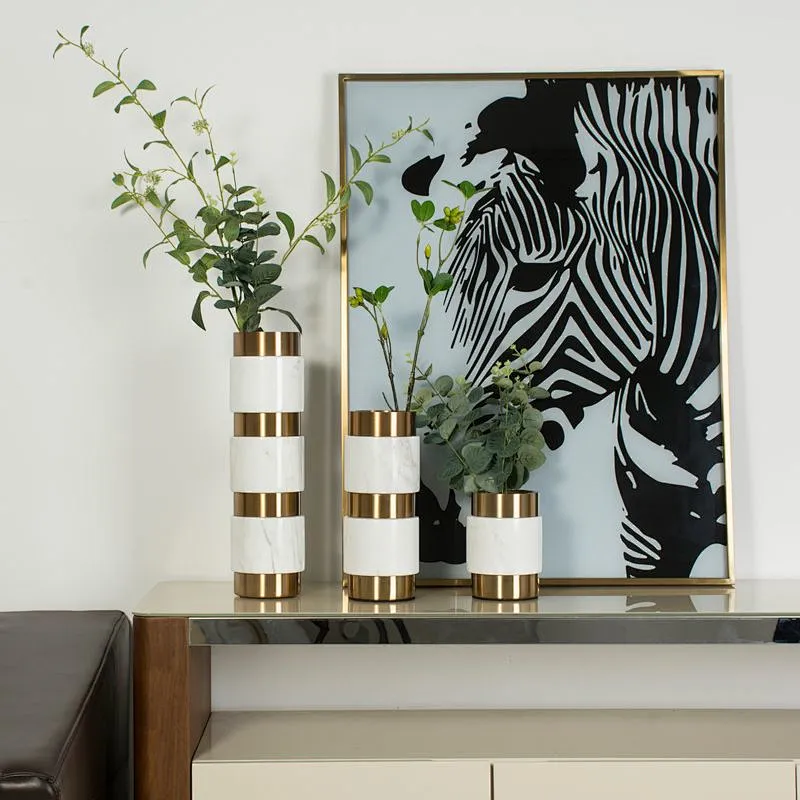 Tabletop white marble gold steel cylinder vase home décor