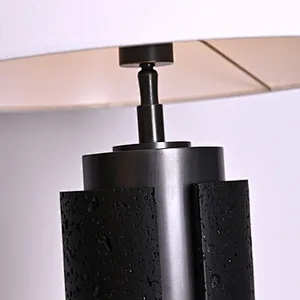 Unique design antique bronze finish natural travertine stone desk table lamp with fabric lampshade for living room bedroom