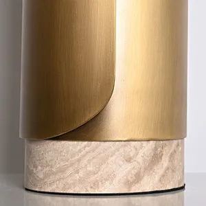 Unique design antique brass finish natural travertine stone desk table lamp with fabric lampshade for living room bedroom