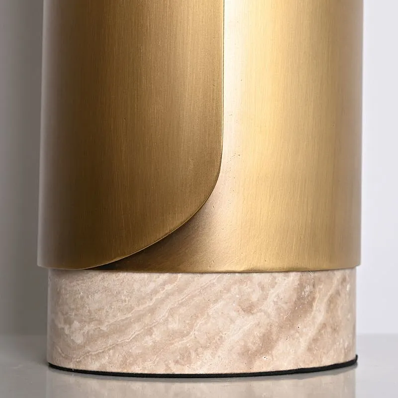 Unique design antique brass finish natural travertine stone desk table lamp with fabric lampshade for living room bedroom