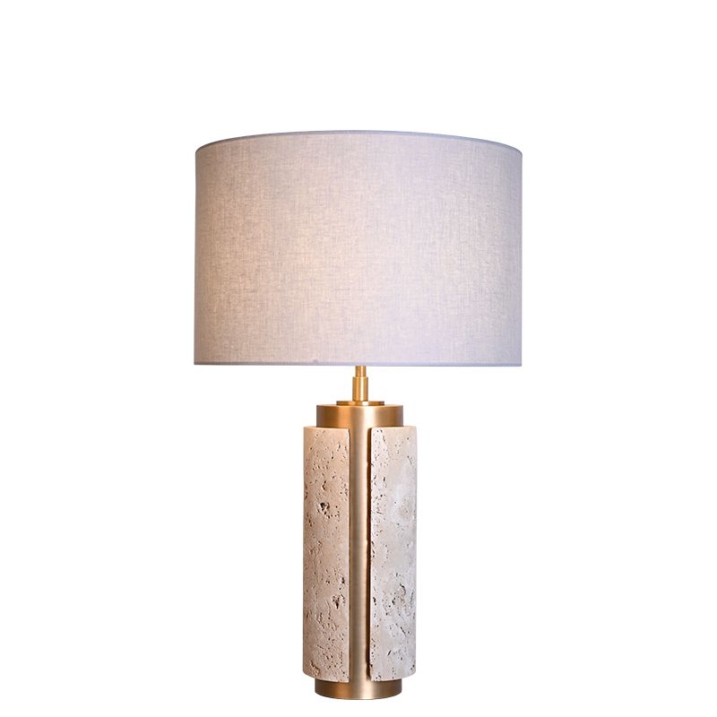 Unique design antique brass finish natural travertine stone desk table lamp with fabric lampshade for living room bedroom