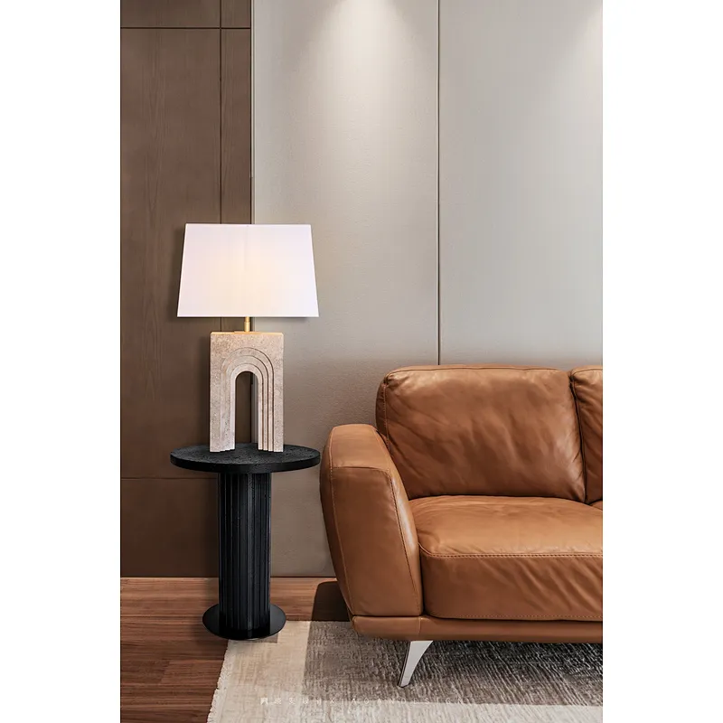 Arched door natural travertine stone desk table lamp with fabric lampshade for living room bedroom
