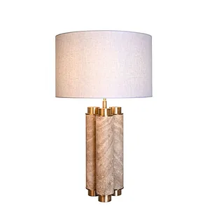3-Clump natural travertine stone desk table lamp with fabric lampshade for living room bedroom