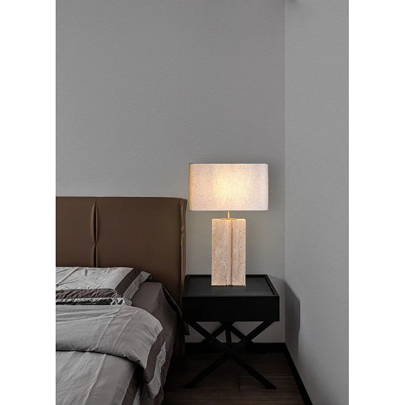 Rectangular geometry groove natural travertine stone desk table lamp with fabric lampshade for living room bedroom