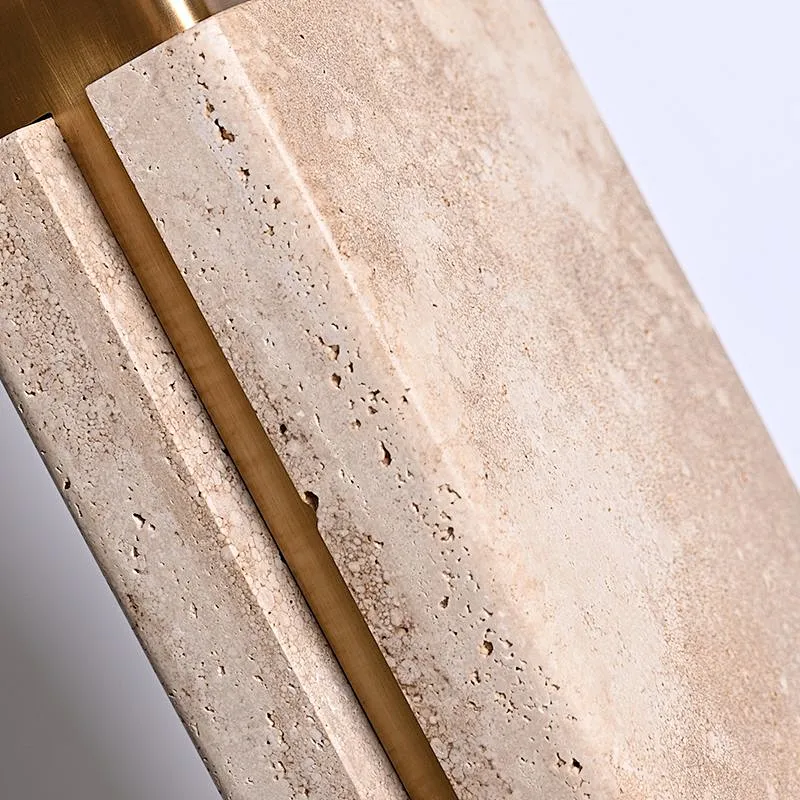 Unique design rectangular antique brass finish natural travertine stone desk table lamp with fabric lampshade for living room bedroom