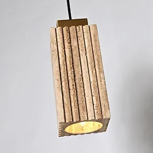 Luxury carved square column natural travertine stone pendant light