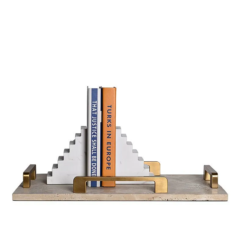 Luxury rectangular travertine stone tray with copper handles