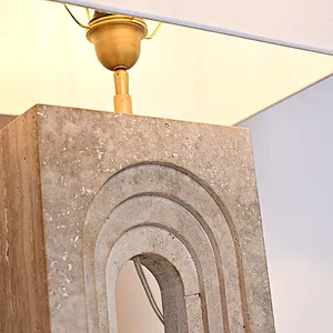 Arched door natural travertine stone desk table lamp with fabric lampshade for living room bedroom