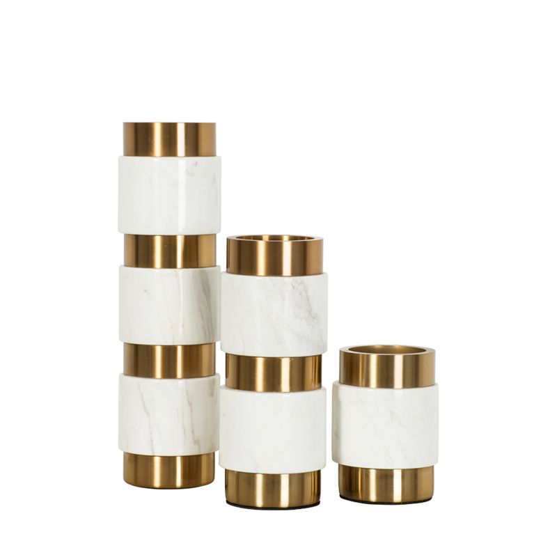 Tabletop white marble gold steel cylinder vase home décor