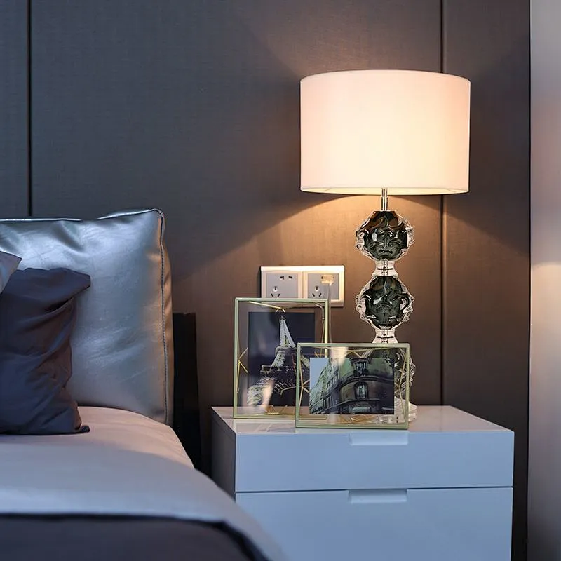 Handmade dark green coloured glaze ball with crystal base table lamp