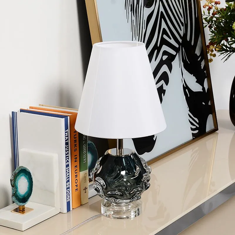 Handmade color crystal glass ball in dark green color with fabric lampshade mini bedside table lamp for bedroom