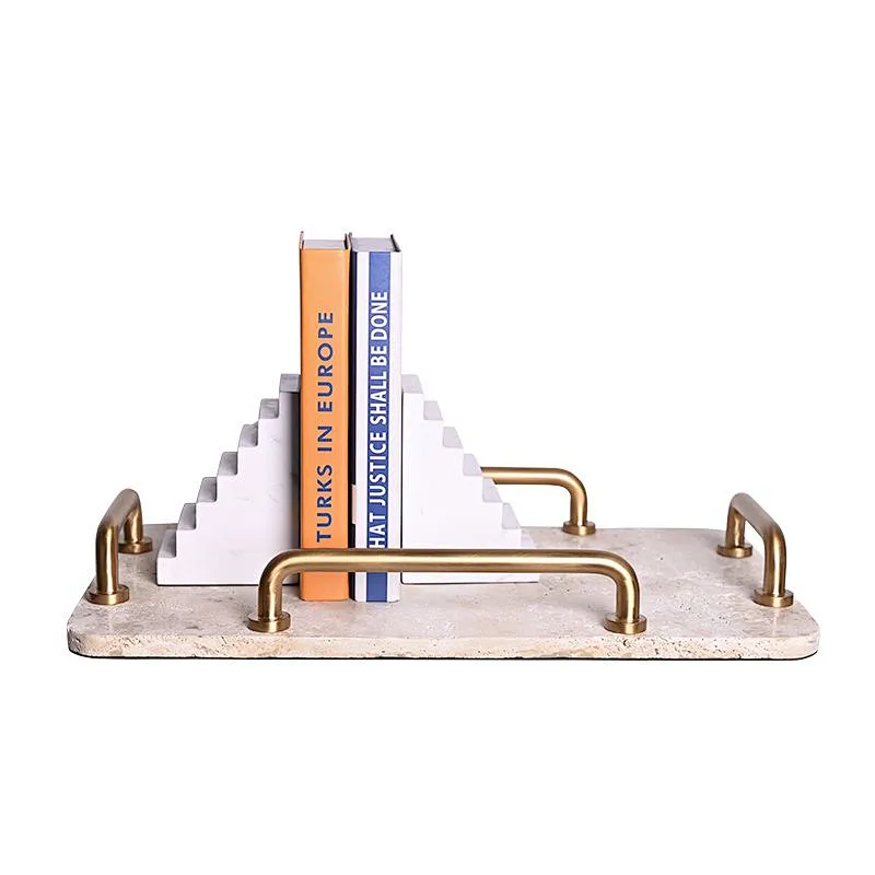 Luxury rectangular travertine stone tray with steel handles