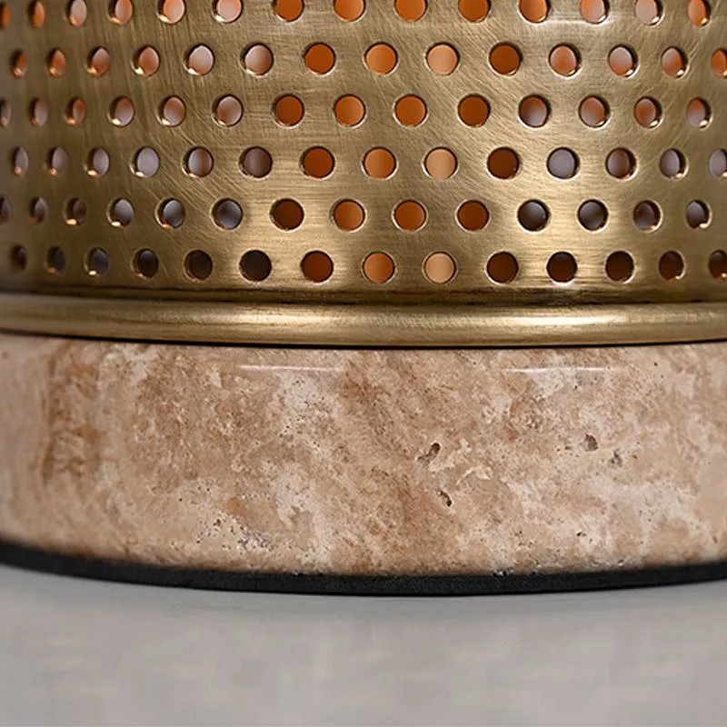 Simple antique brass hollow out metal cylinder travertine stone base table lamp for living room