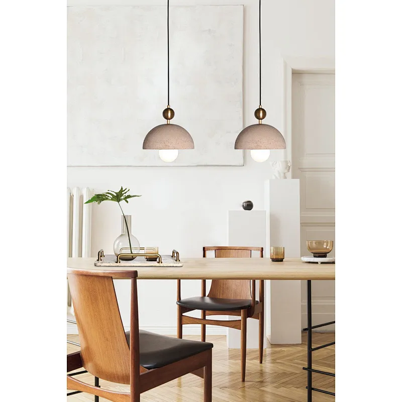Antique brass finish semicircle natural travertine stone restaurant pendant light