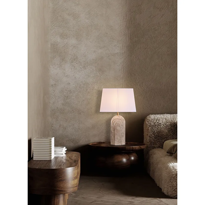 Arched layers natural travertine stone desk table lamp with fabric lampshade for living room bedroom