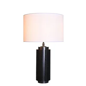 Unique design antique bronze finish natural travertine stone desk table lamp with fabric lampshade for living room bedroom