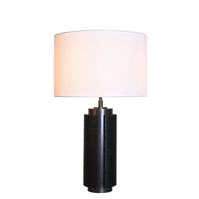 Unique design antique bronze finish natural travertine stone desk table lamp with fabric lampshade for living room bedroom