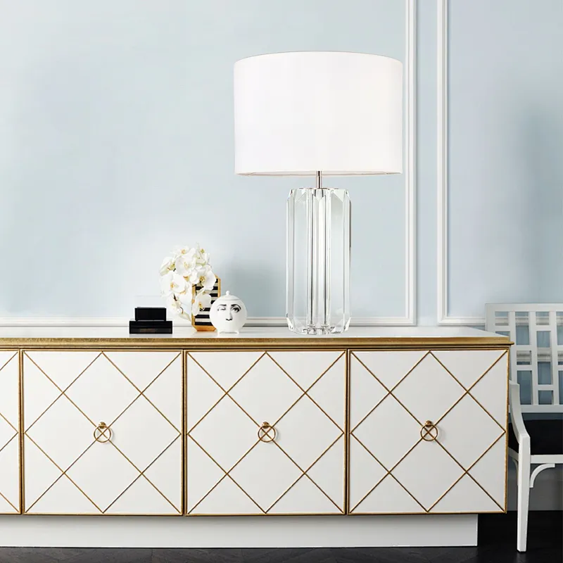 Clear column crystal glass desk table lamp with fabric shade table lamp for livingroom bedroom